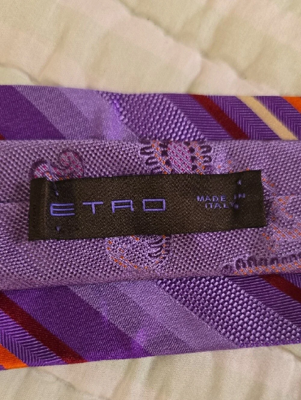 Etro Lavender Paisley and Stripe Silk Tie with Orange and Burgundy Accents NWOT